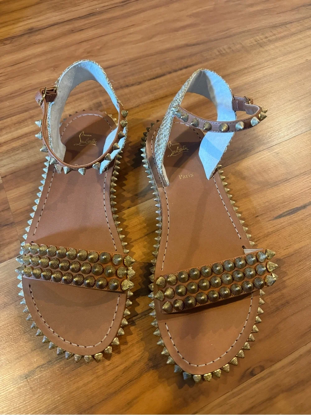 Christian Louboutin Brown Leather Studded Flat Sandals with Gold Spikes size 40